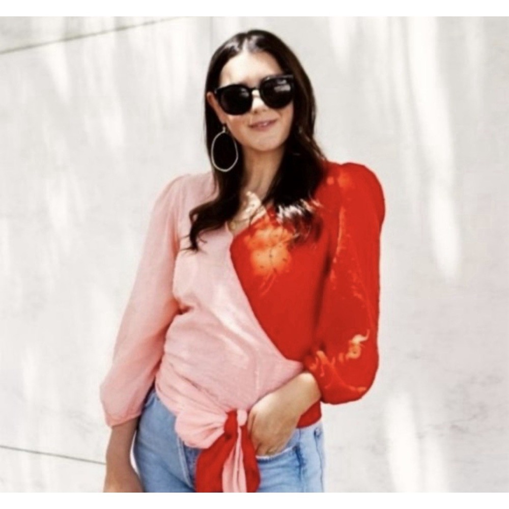 Anthropologie Two-Tone Pink and Red Wrap Blouse